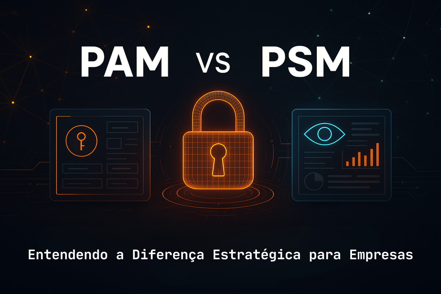 Ilustração comparando um cofre de senhas (PAM) com um monitor de sessões de segurança (PSM)